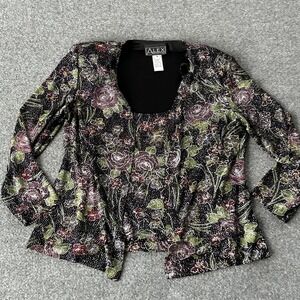 Vintage Alex Evenings Floral Velvet Burnout Top Jacket Set Y2K Medium Sparkle